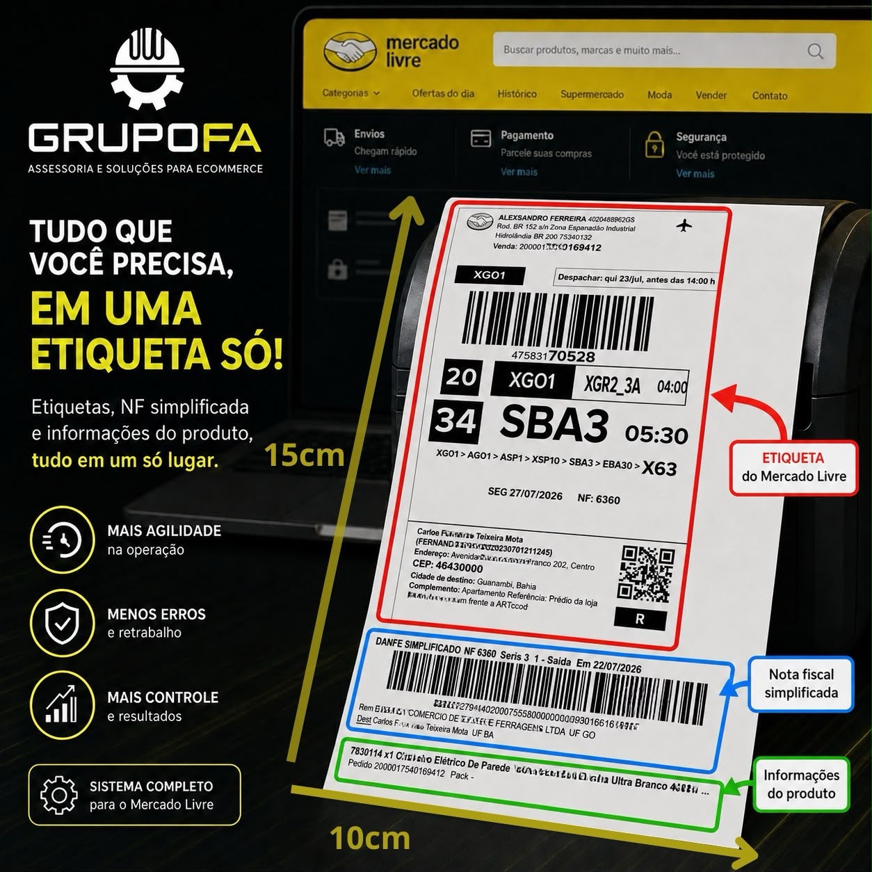 Etiqueta com envio, nota fiscal simplificada e dados do produto em uma folha