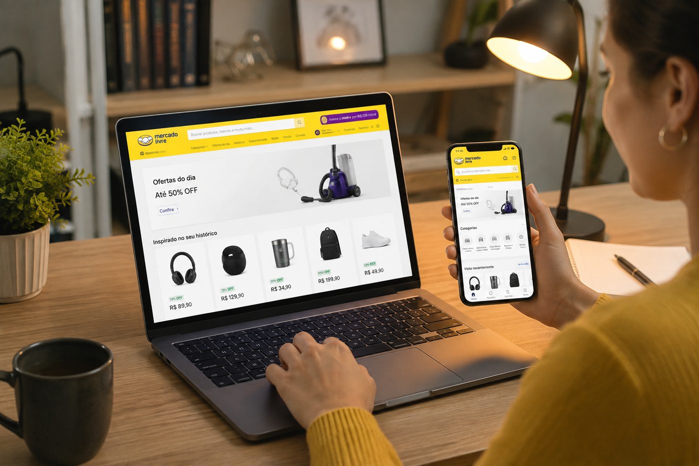 Vendedora acompanhando a operação no Mercado Livre pelo notebook e pelo celular